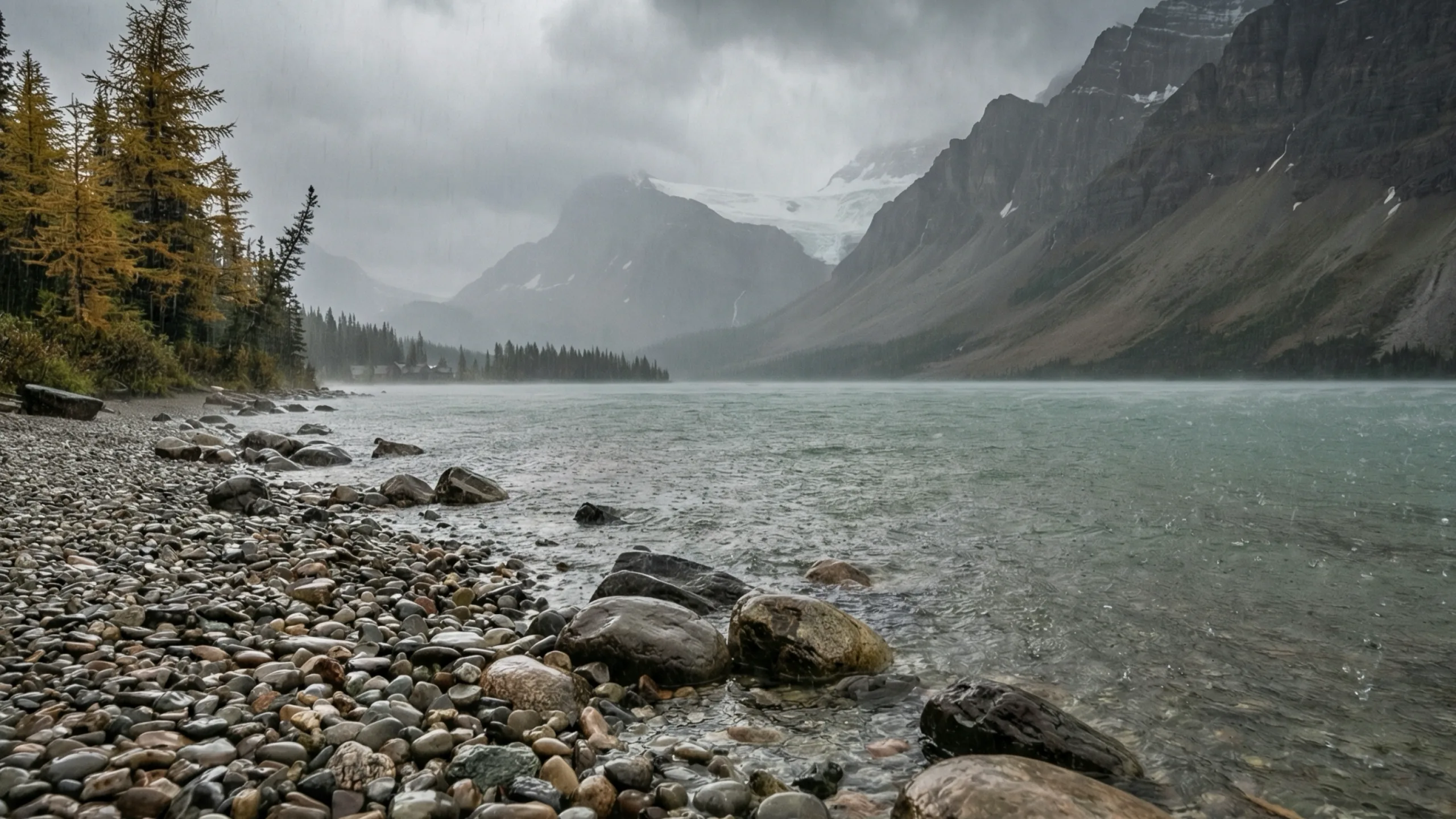 Bow Lake in the rain